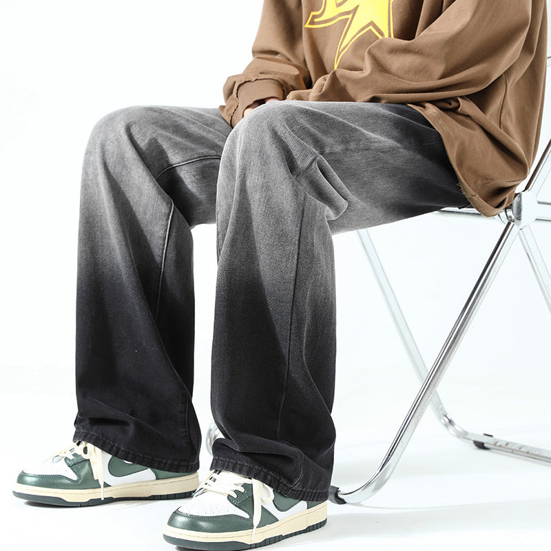 Men Jeans Loose Straight Autumn and Winter Washed Wide Leg Casual Trousers