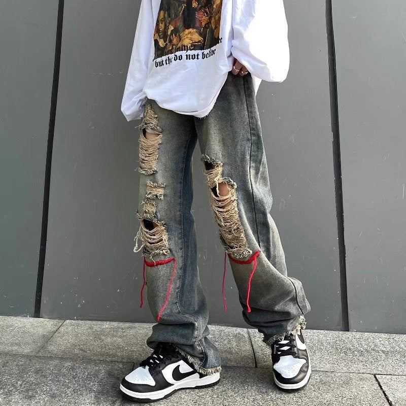 Men Jeans Retro Washed Ripped Embroidered Slim Straight Jeans