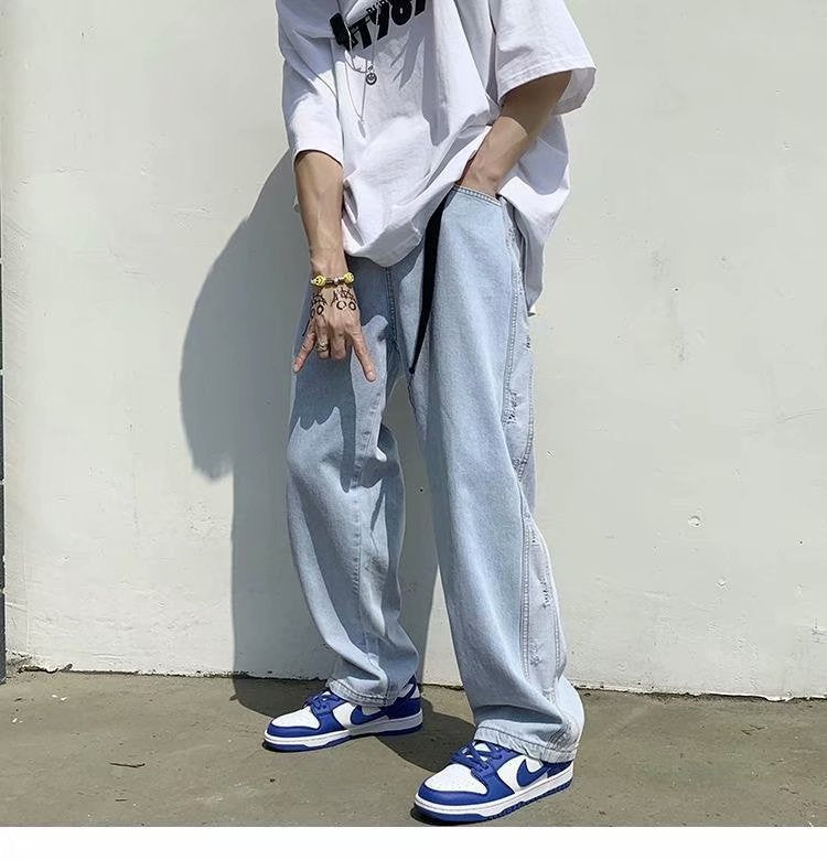 Men Jeans Ripped Jeans Summer Baggy Straight Trousers Wide Leg Trousers