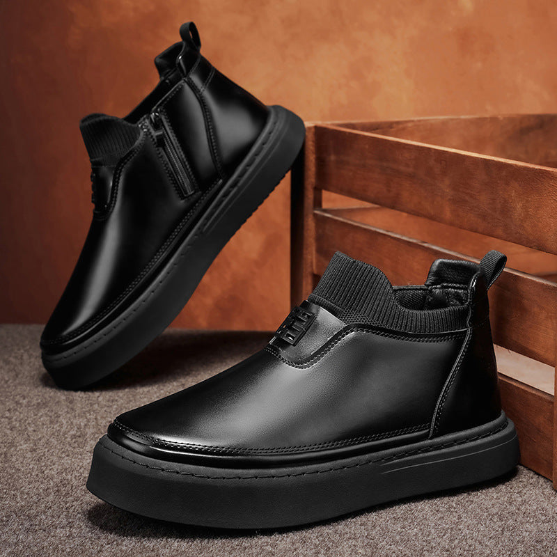 Men Boots Men's High Top Leather Boots Trendy Knitted Socks Mouth Sleeve Men's Boots Thick Sole Height Increase Chelsea Short Boots Men's