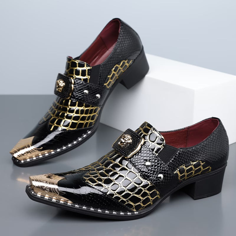 Men's dress shoes large size leather shoes men's British style crocodile pattern glossy business shoes metal iron head men's shoes light luxury high sense