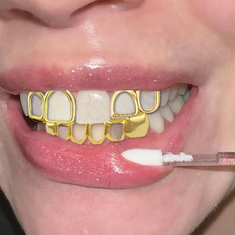 Grillz Hip-Hop Rock Hollow Double Hollow Bar Drill Triple Braces Daily Out Cool Glossy Gold Teeth Hip Hop Versatile Cross-border Accessories