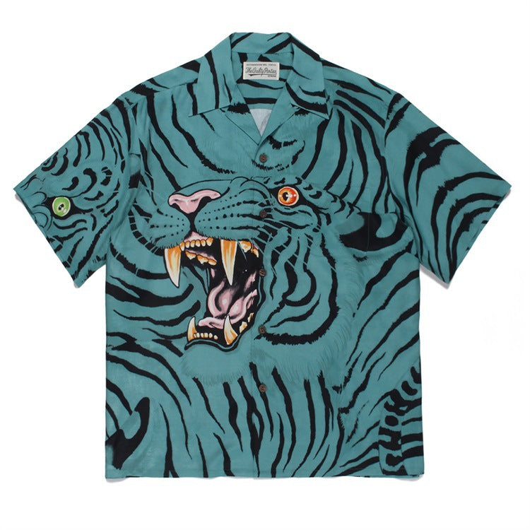 GUILTYPARTIES TIGER Shirts 22ss TIM LEHI Tiger Head, Yunhu, Tiger Pattern Short Sleeve Shirt Men