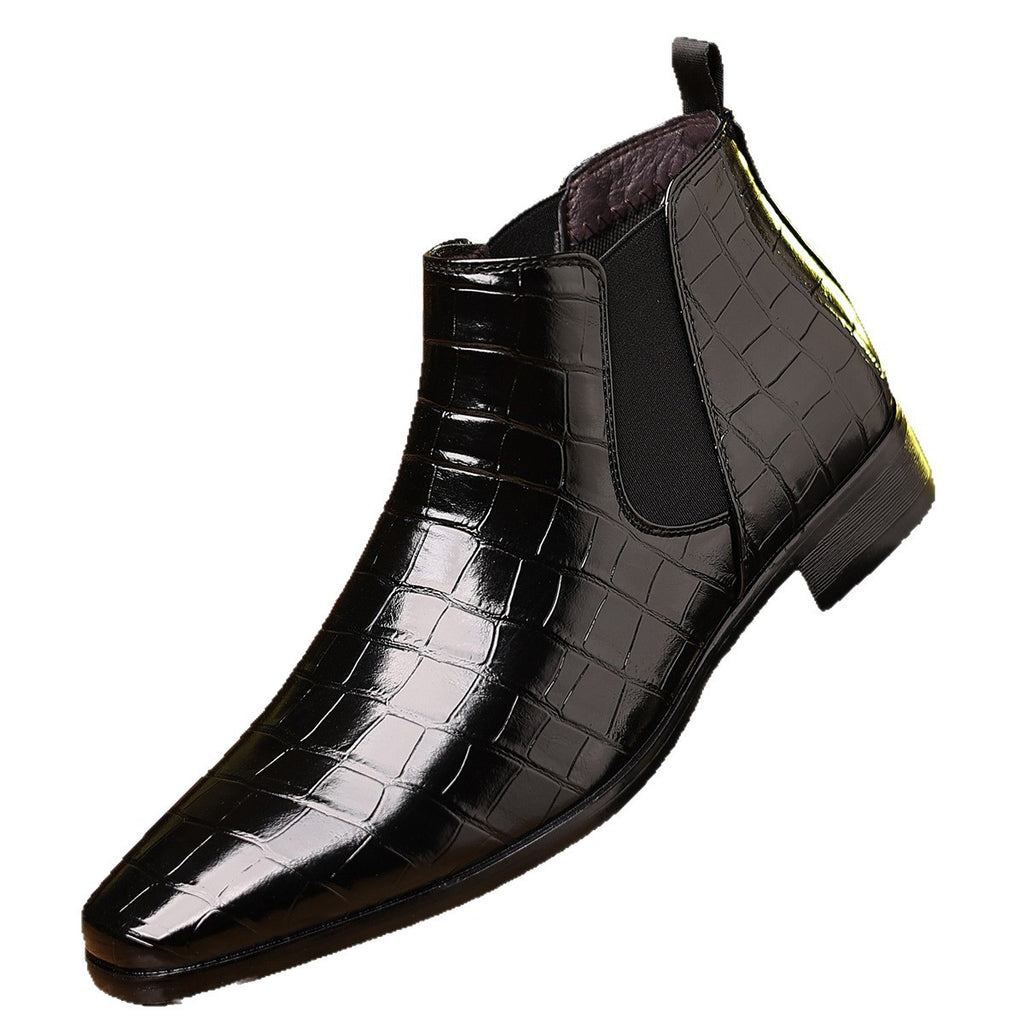 Men's dress shoes Chelsea boots glossy patent leather crocodile pattern elastic one-pedal men's shoes British style high-top men's shoes autumn and winter