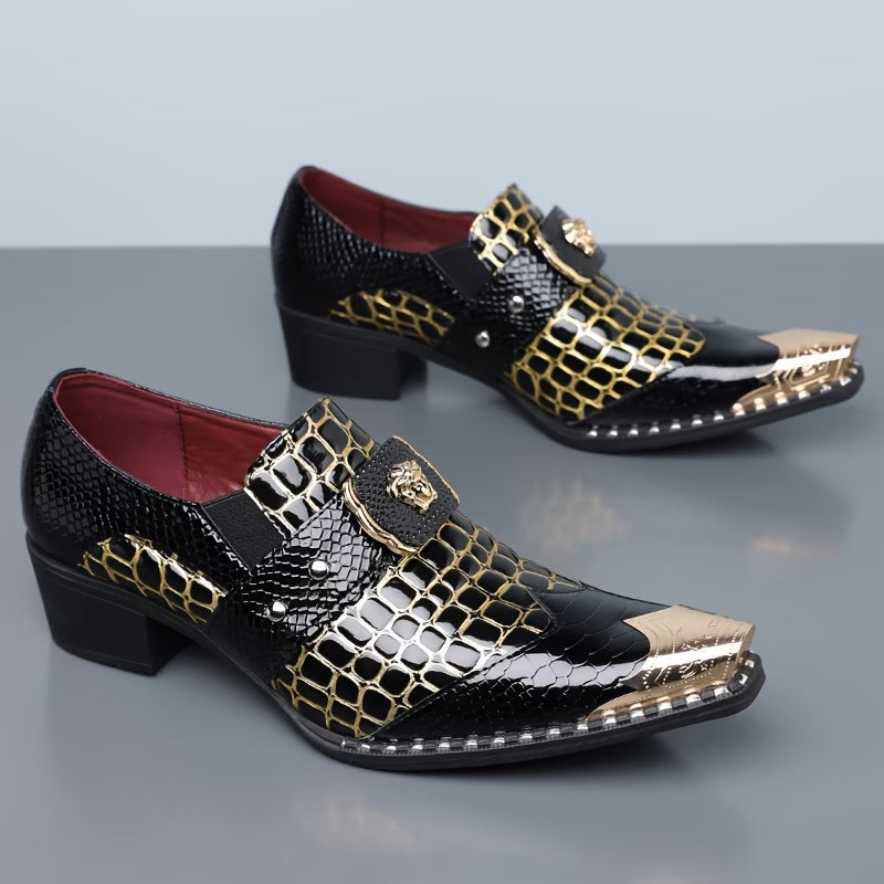 Men's dress shoes large size leather shoes men's British style crocodile pattern glossy business shoes metal iron head men's shoes light luxury high sense