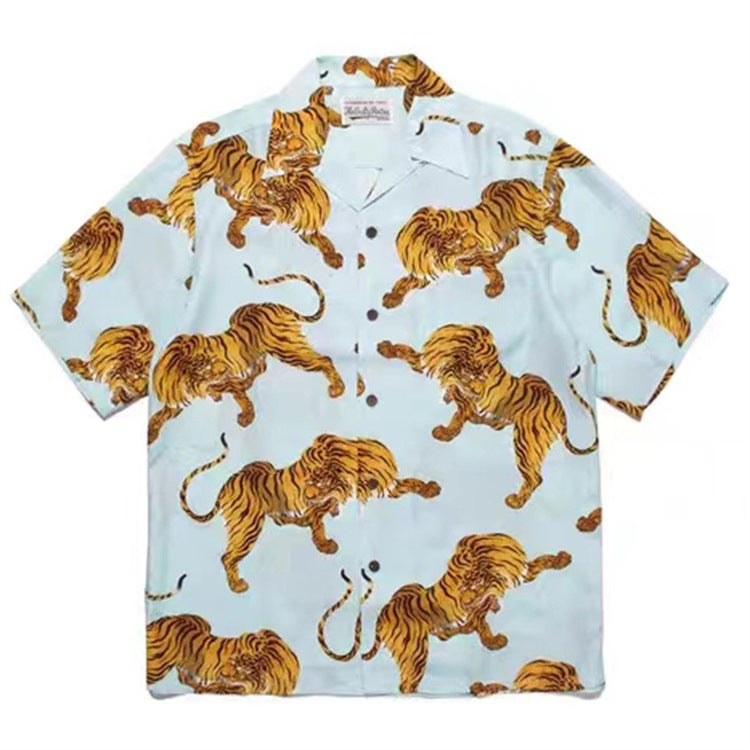GUILTYPARTIES TIGER Shirts Summer Festival Black Eyed Tiger Flowing Cloud Hawaiian Short Sleeve Shirt Men