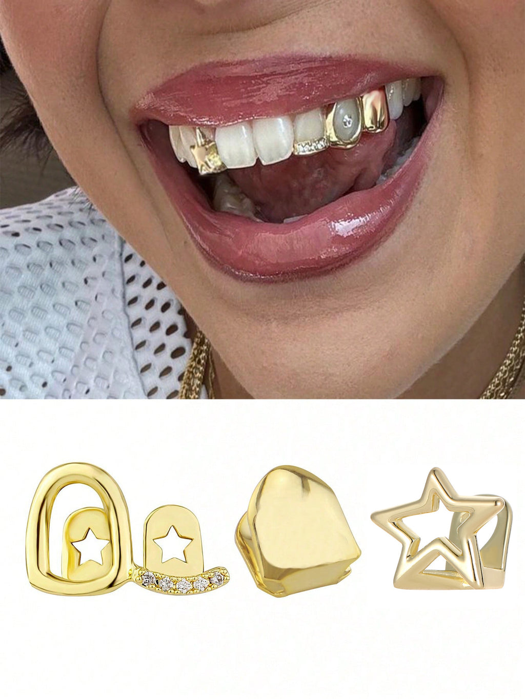 Grillz Hip-Hop Rock Hollow Single Hollow Bar Drill Triple Braces Daily Out Cool Glossy Gold Teeth Hip Hop Versatile Cross-border Accessories