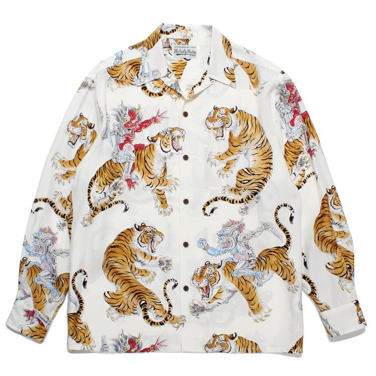 GUILTYPARTIES TIGER Long sleeved shirt Mechanical Ghost Riding Tiger Hawaiian Rayon Long Sleeve Shirt