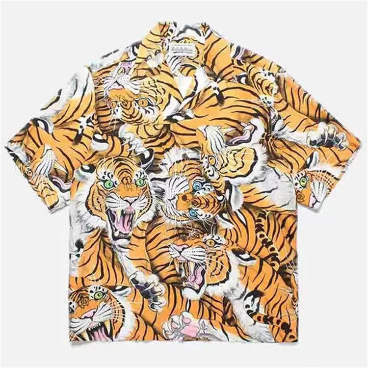 GUILTYPARTIES TIGER Shirts Summer Festival Black Eyed Tiger Flowing Cloud Hawaiian Short Sleeve Shirt Men