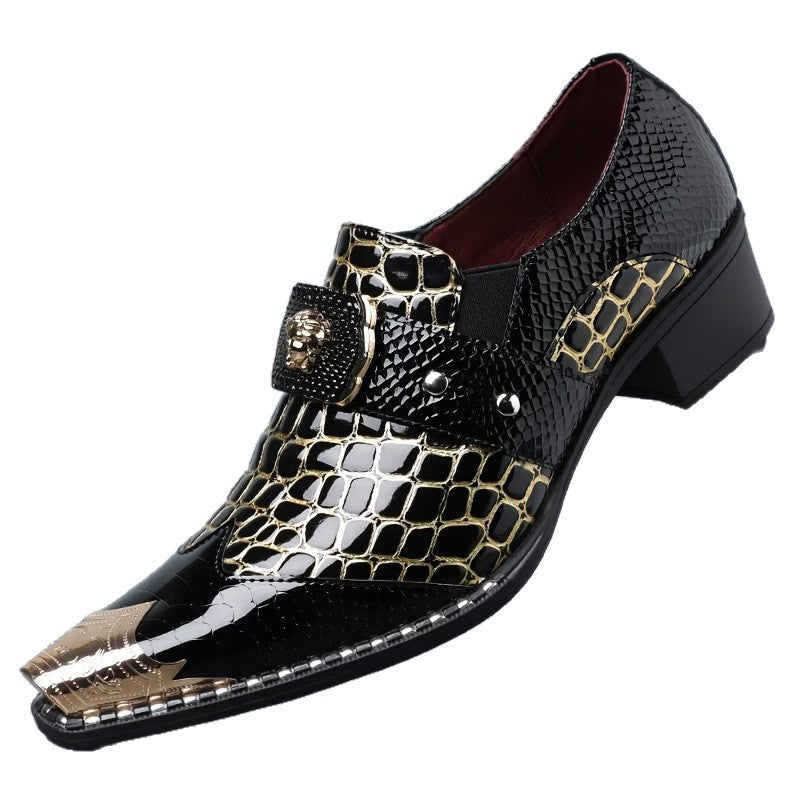 Men's dress shoes large size leather shoes men's British style crocodile pattern glossy business shoes metal iron head men's shoes light luxury high sense