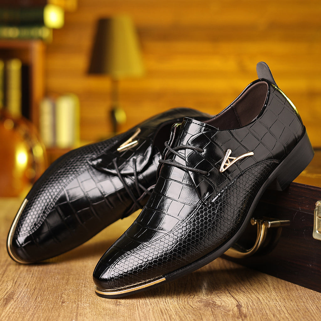 Men's dress shoes glossy crocodile pattern leather shoes men's pointed head lace-up multi-color shoes men's shoes trendy brand high-end wedding shoes