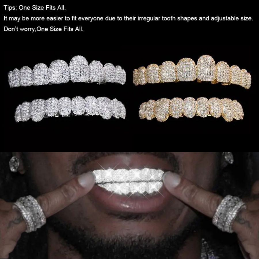 Grillz Hip-Hop Rock Hip-Hop Braces Real Gold Plated 10-Tooth Micro-studded Diamond Cross-Border HIPHOP Braces Halloween Hip-Hop Ornaments