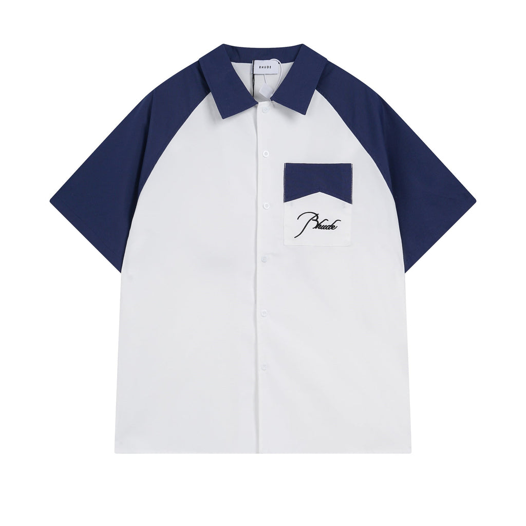 Rhude T Shirt Pocket Letter Embroidery Color Matching Short Sleeve Shirt