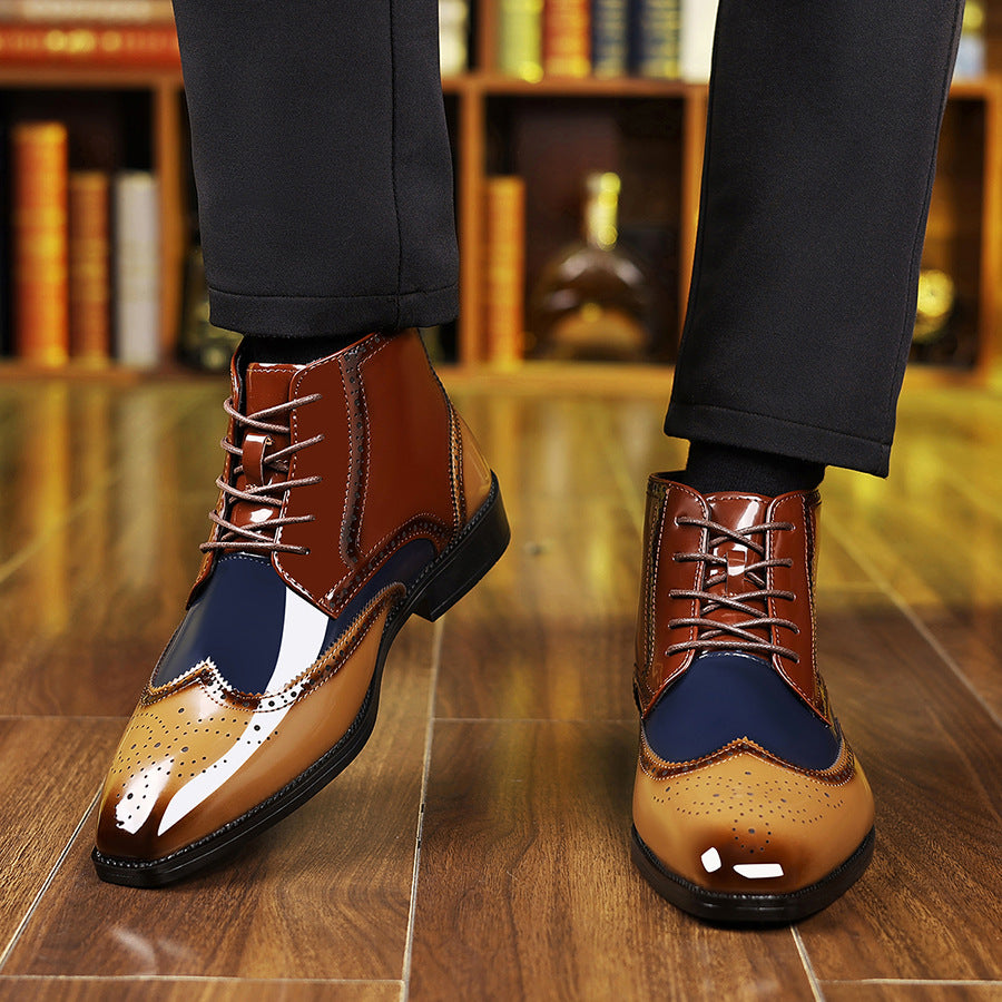 Men's dress shoes large size leather shoes men's splicing glossy high-top men's shoes trendy brand high-end wedding business men's dress shoes