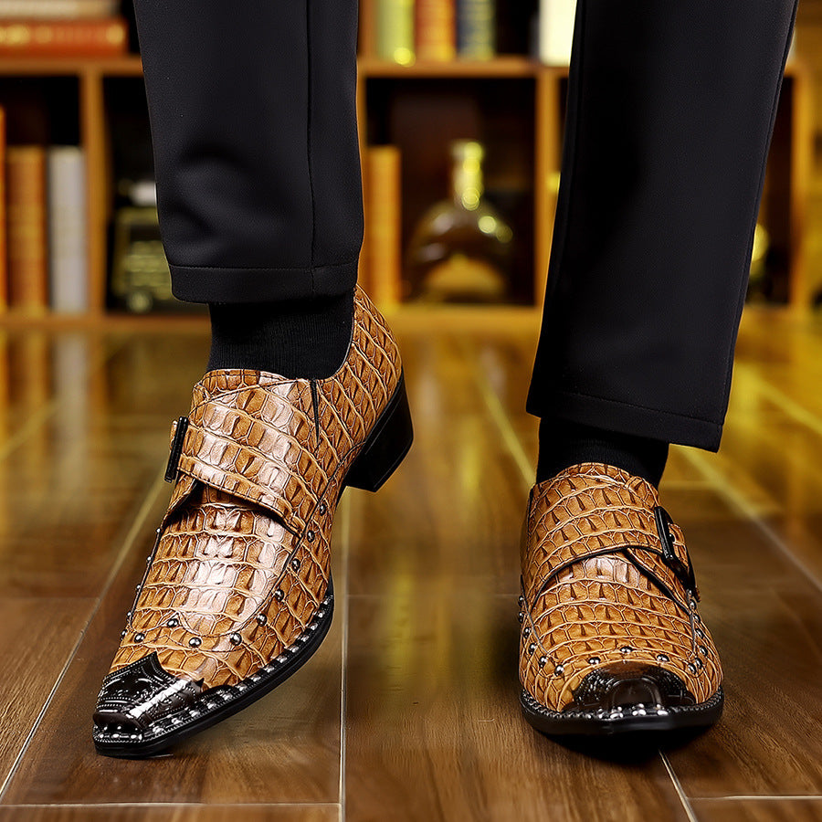 Men's dress shoes men's leather shoes crocodile pattern pointed shoes men's shoes light luxury high-end single buckle rivet casual small leather shoes