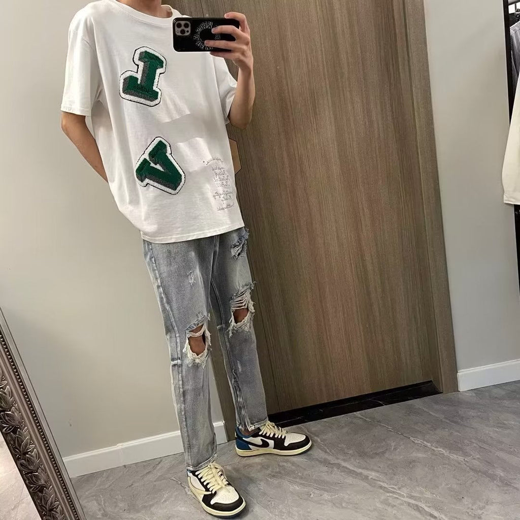 Men Jeans Ripped Jeans Men's Summer Retro Slim-Fit Straight Trousers
