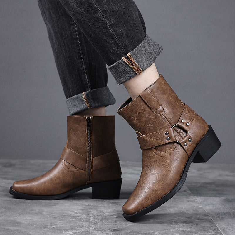 Men's dress shoes Men's leather boots Vintage British high-top short boots Rivets Metal buckle side zipper Thick heel Square head