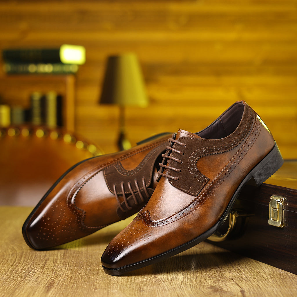Men's dress shoes large size leather shoes men's glossy flip fur splicing shoes men's shoes retro pointed lace-up men's dress shoes