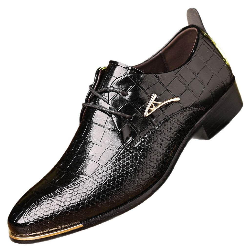 Men's dress shoes glossy crocodile pattern leather shoes men's pointed head lace-up multi-color shoes men's shoes trendy brand high-end wedding shoes