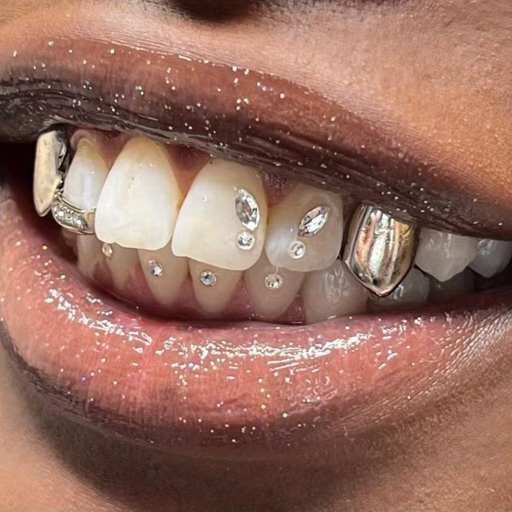 Grillz Hip-Hop Rock Symmetrical Fangs Zircon Braces Horizontal Bar Combination Personalized Dentures Men's Cross-Border Hip-Hop Accessories