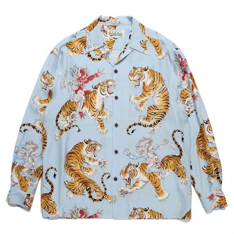 GUILTYPARTIES TIGER Long sleeved shirt Mechanical Ghost Riding Tiger Hawaiian Rayon Long Sleeve Shirt