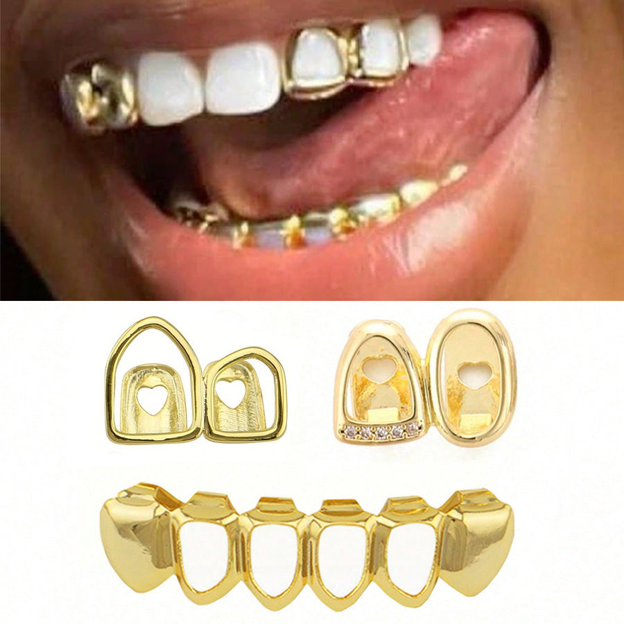 Grillz Hip-Hop Rock Hollow Double Hollow Bar Drill Triple Braces Daily Out Cool Glossy Gold Teeth Hip Hop Versatile Cross-border Accessories