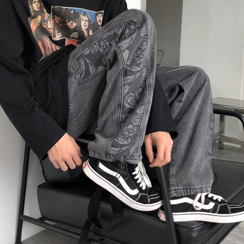 Men Jeans Washed Denim Trousers Elastic Waist Baggy Straight Trousers