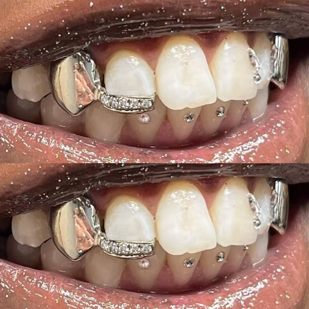 Grillz Hip-Hop Rock Symmetrical Fangs Zircon Braces Horizontal Bar Combination Personalized Dentures Men's Cross-Border Hip-Hop Accessories
