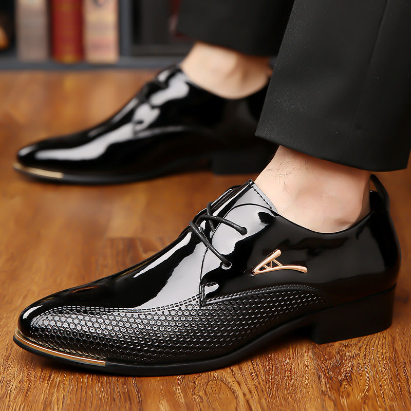 Men's dress shoes large size men's leather shoes metal decorative label glossy patent leather shoes men's wedding men's shoes trendy brand