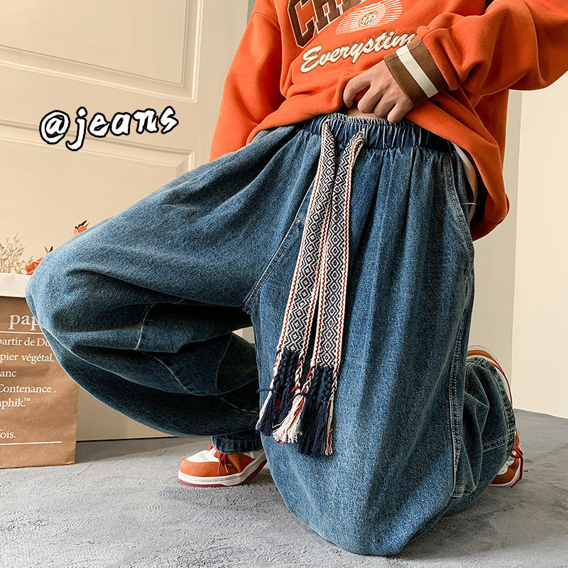 Men Jeans Vintage Dark Blue Jeans Men's Loose plus Size Straight Wide Leg Pants