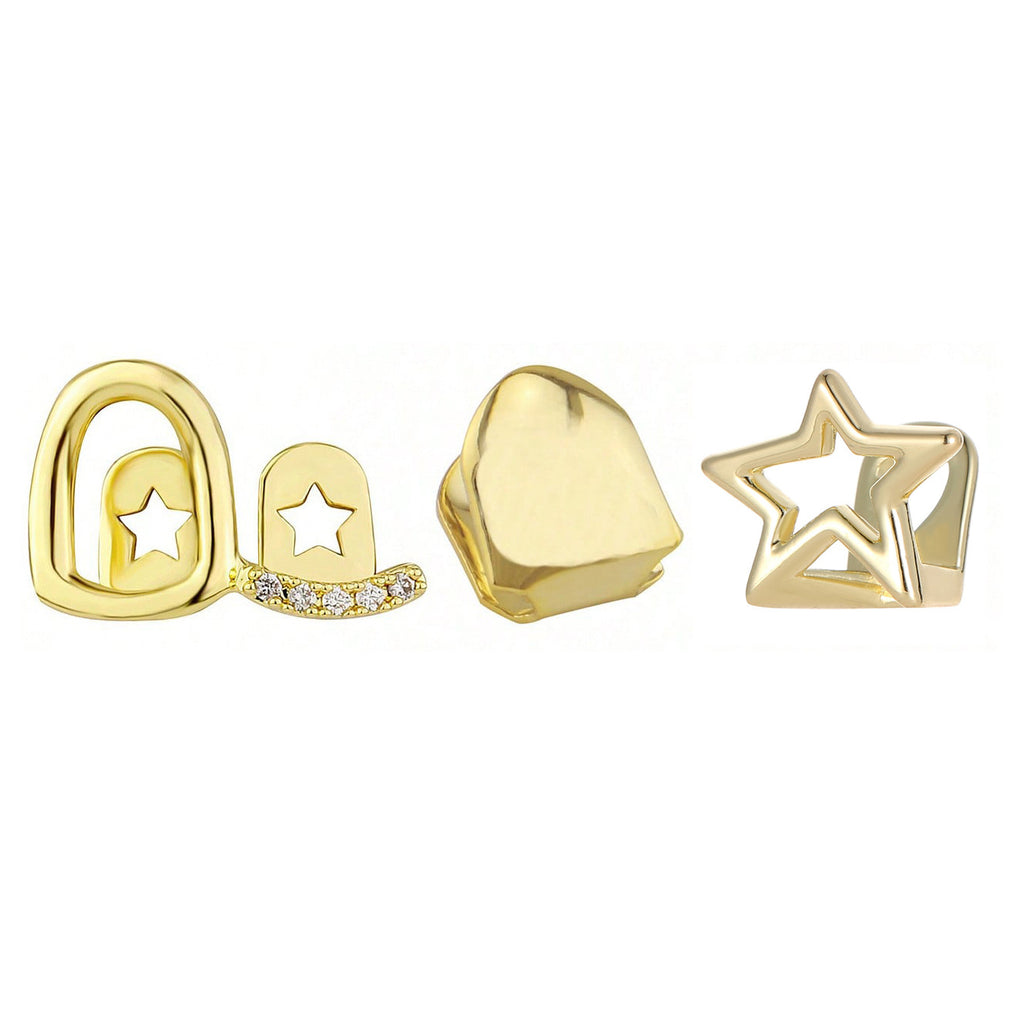 Grillz Hip-Hop Rock Hollow Single Hollow Bar Drill Triple Braces Daily Out Cool Glossy Gold Teeth Hip Hop Versatile Cross-border Accessories