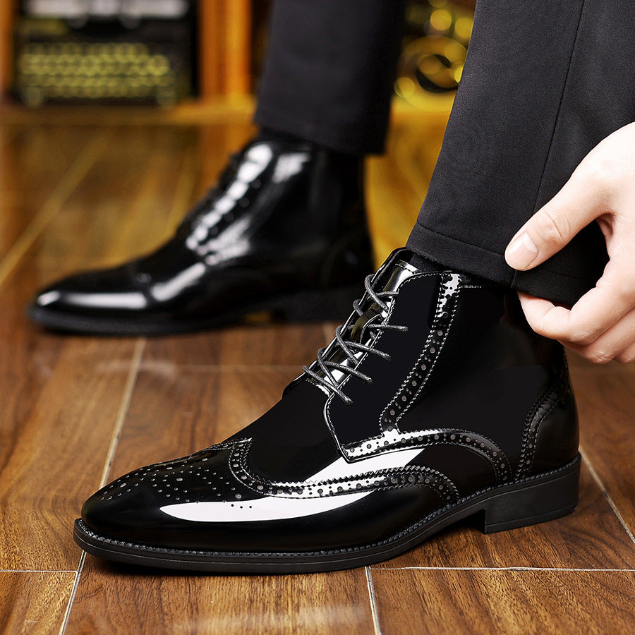 Men's dress shoes large size leather shoes men's splicing glossy high-top men's shoes trendy brand high-end wedding business men's dress shoes