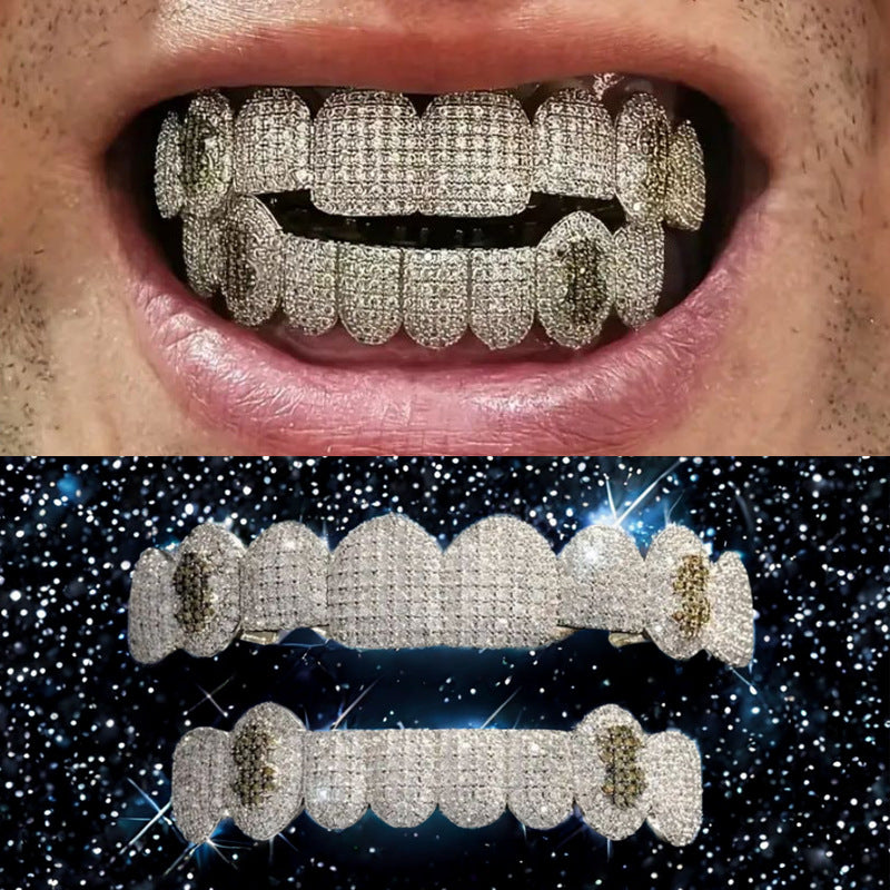 Grillz Hip-Hop Rock Hip Hop Braces Black Diamond Jewelry Eight Teeth HIPHOP Copper Zirconium Full Diamond Braces Jewelry