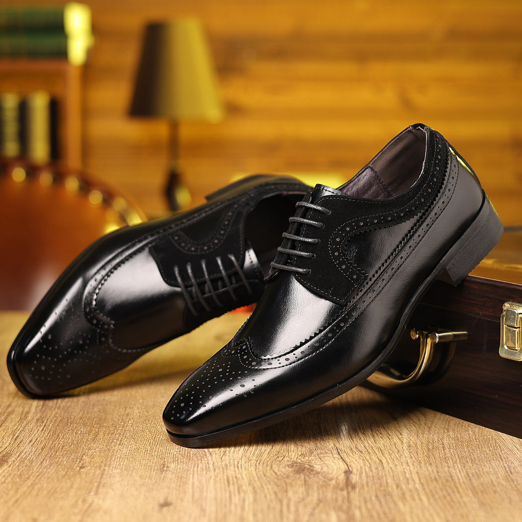 Men's dress shoes large size leather shoes men's glossy flip fur splicing shoes men's shoes retro pointed lace-up men's dress shoes