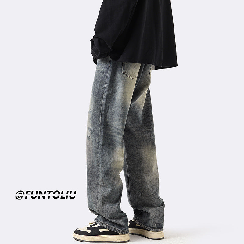 Men Jeans Straight Loose Washed-out Jeans Casual Wide Leg Pants