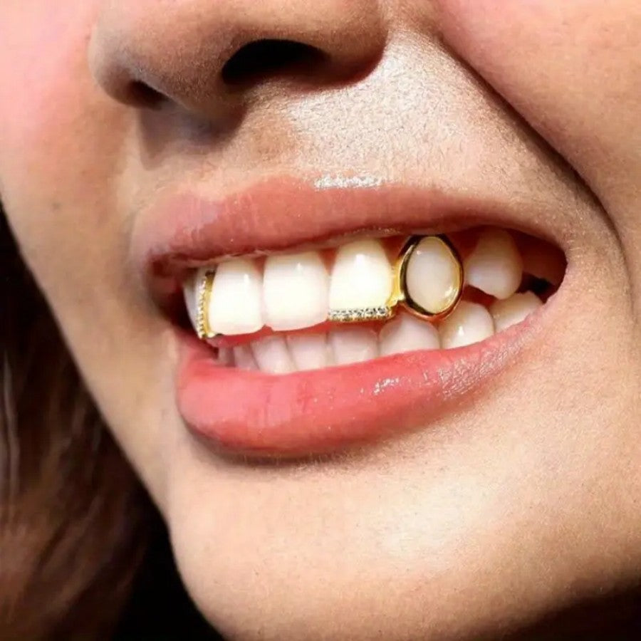 Grillz Hip-Hop Rock Hollow Bar Drill Stick Drill Double Parquet Braces Daily Out Cool Glossy Gold Teeth Hip Hop Versatile Accessories