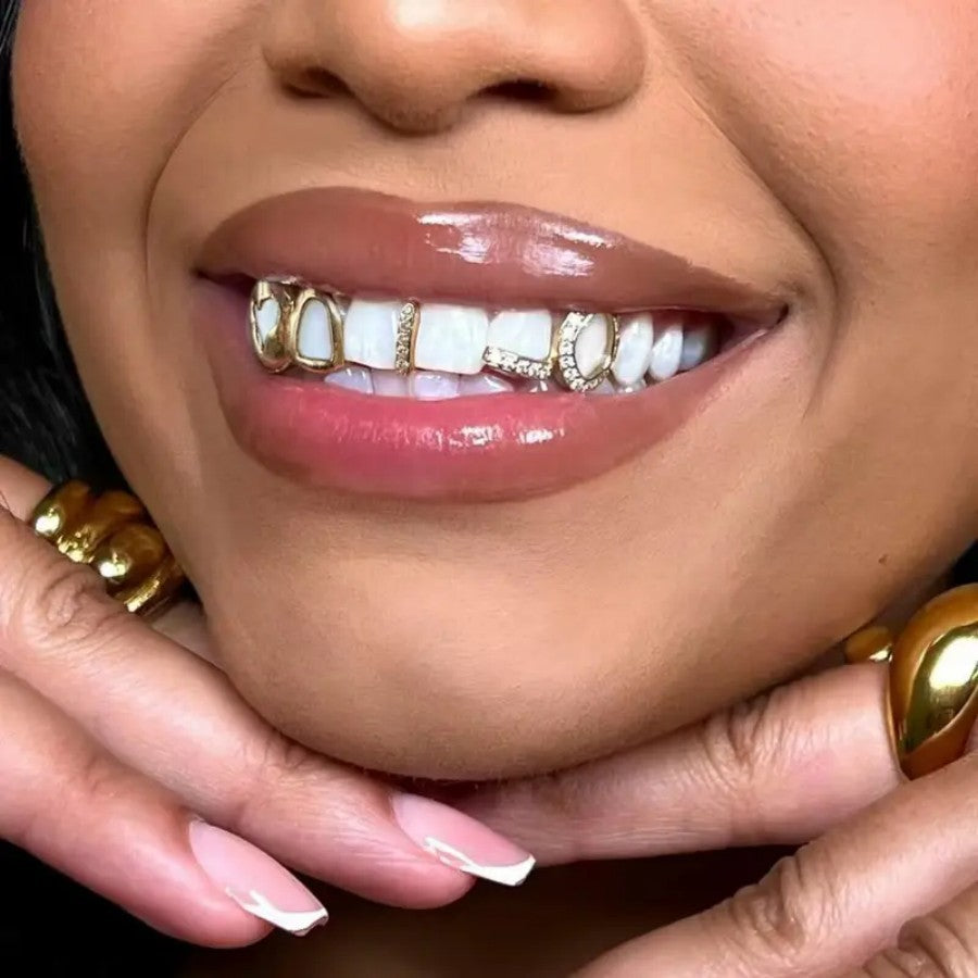 Grillz Hip-Hop Rock Hollow Love Stick Drill Triple Braces Daily Out Cool Glossy Gold Teeth Hip Hop Versatile Accessories