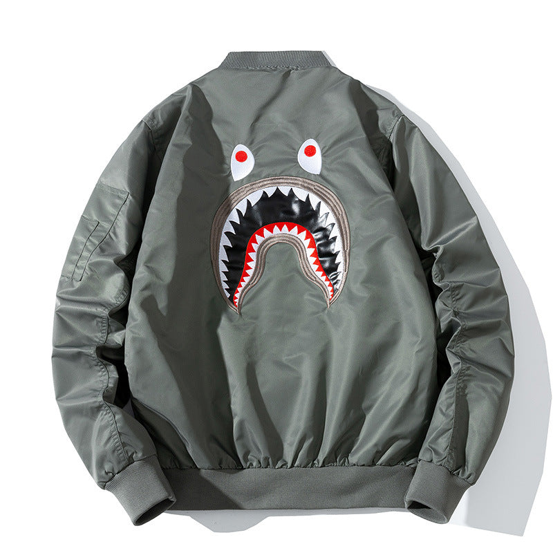 Mens Bomber Jacket MA-1 Winter Thickness available cotton-padded jacket Autumn/winter embroidery shark pilot baseball jersey
