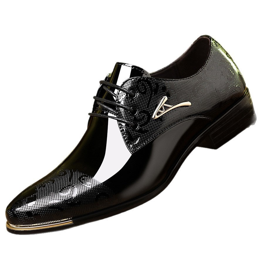 Men's dress shoes large size leather shoes men's glossy patent leather lace-up men's shoes business casual metal embellishment label British style derby shoes