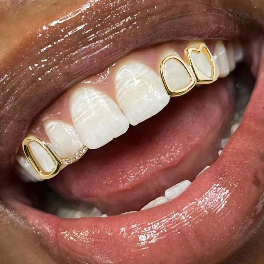 Grillz Hip-Hop Rock Hollow Love Stick Drill Double Braces Daily Out Cool Glossy Gold Teeth Hip Hop Versatile