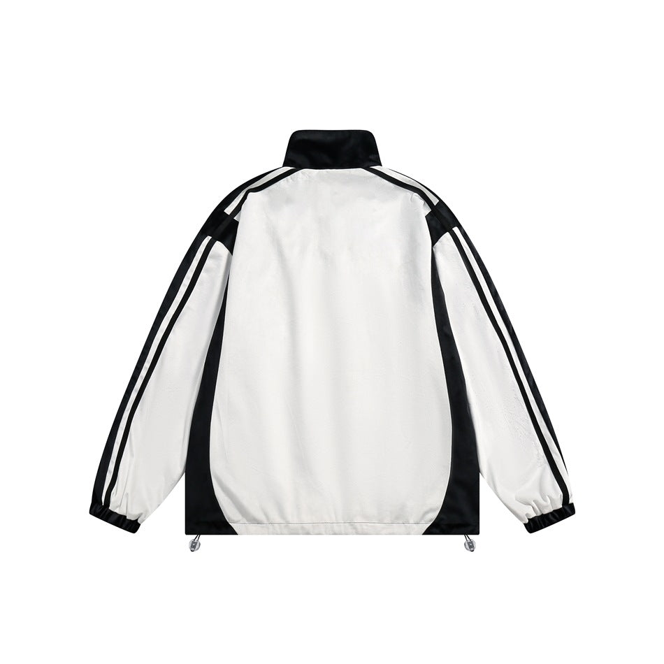 Unisex Jacket Vintage Sports Jacket Men's and Women's Loose Black and White Patchwork Stand-up Collar Coat