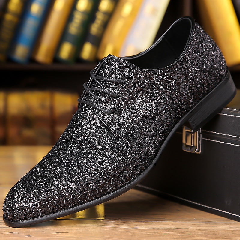 Men's dress shoes large size leather shoes men's sequined pointed lace-up black shoes British style business wedding men