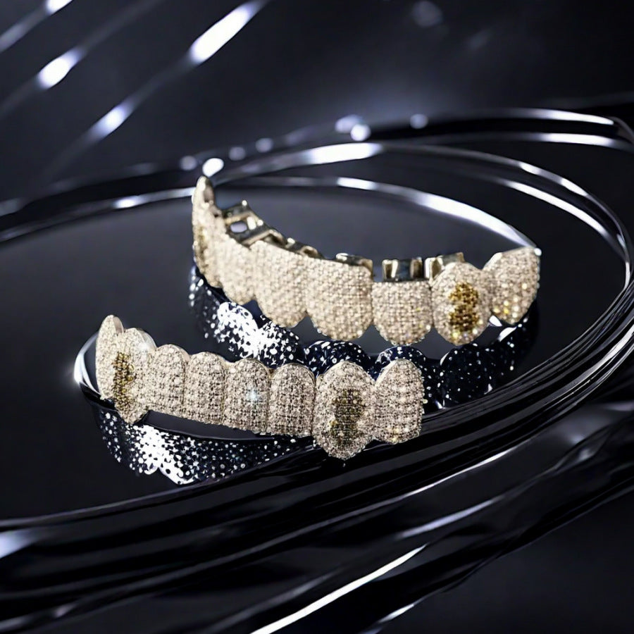 Grillz Hip-Hop Rock Hip Hop Braces Black Diamond Jewelry Eight Teeth HIPHOP Copper Zirconium Full Diamond Braces Jewelry