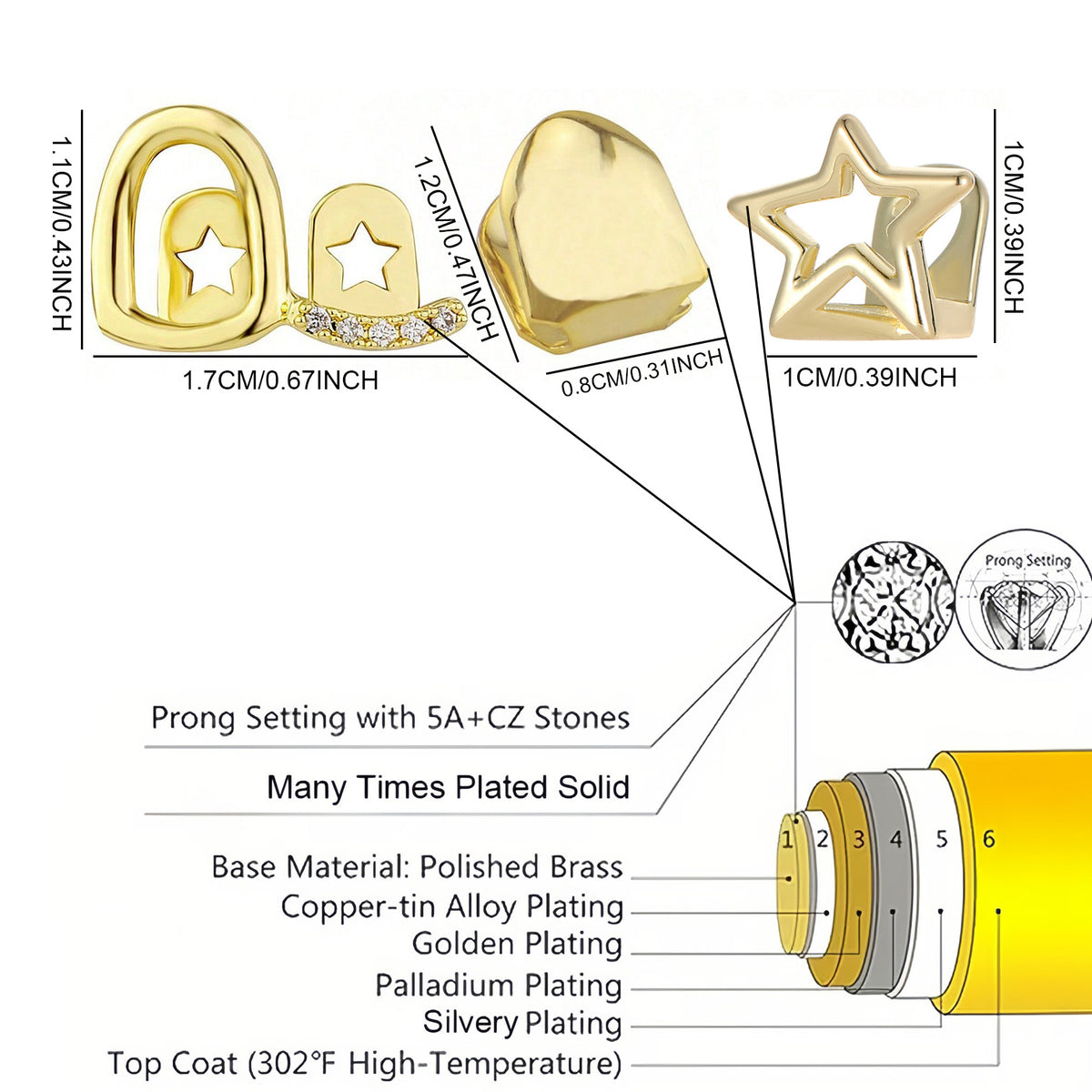 Grillz Hip-Hop Rock Hollow Single Hollow Bar Drill Triple Braces Daily Out Cool Glossy Gold Teeth Hip Hop Versatile Cross-border Accessories