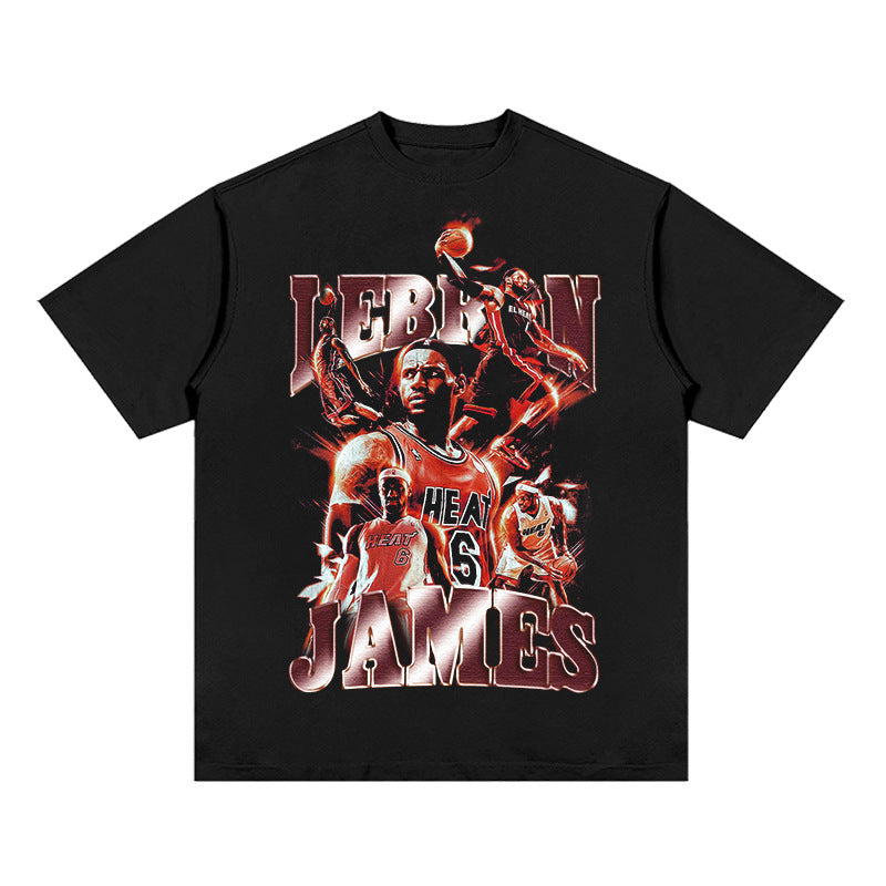 Nba T Shirt Printed Short-Sleeved T-shirt European and American High Street Heavy round Neck Small Neckline