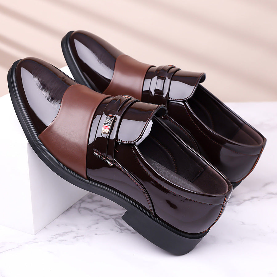 Men's dress shoes leather shoes men's glossy splicing men's dress shoes wedding business banquet autumn and winter men's shoes trendy brand high sense