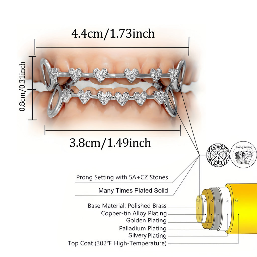 Grillz Hip-Hop Rock Hip-Hop Braces Real Gold Plated 8-tooth Micro-inlaid Love Full Diamond Cross-border HIPHOP Braces Halloween Hip-Hop Ornaments