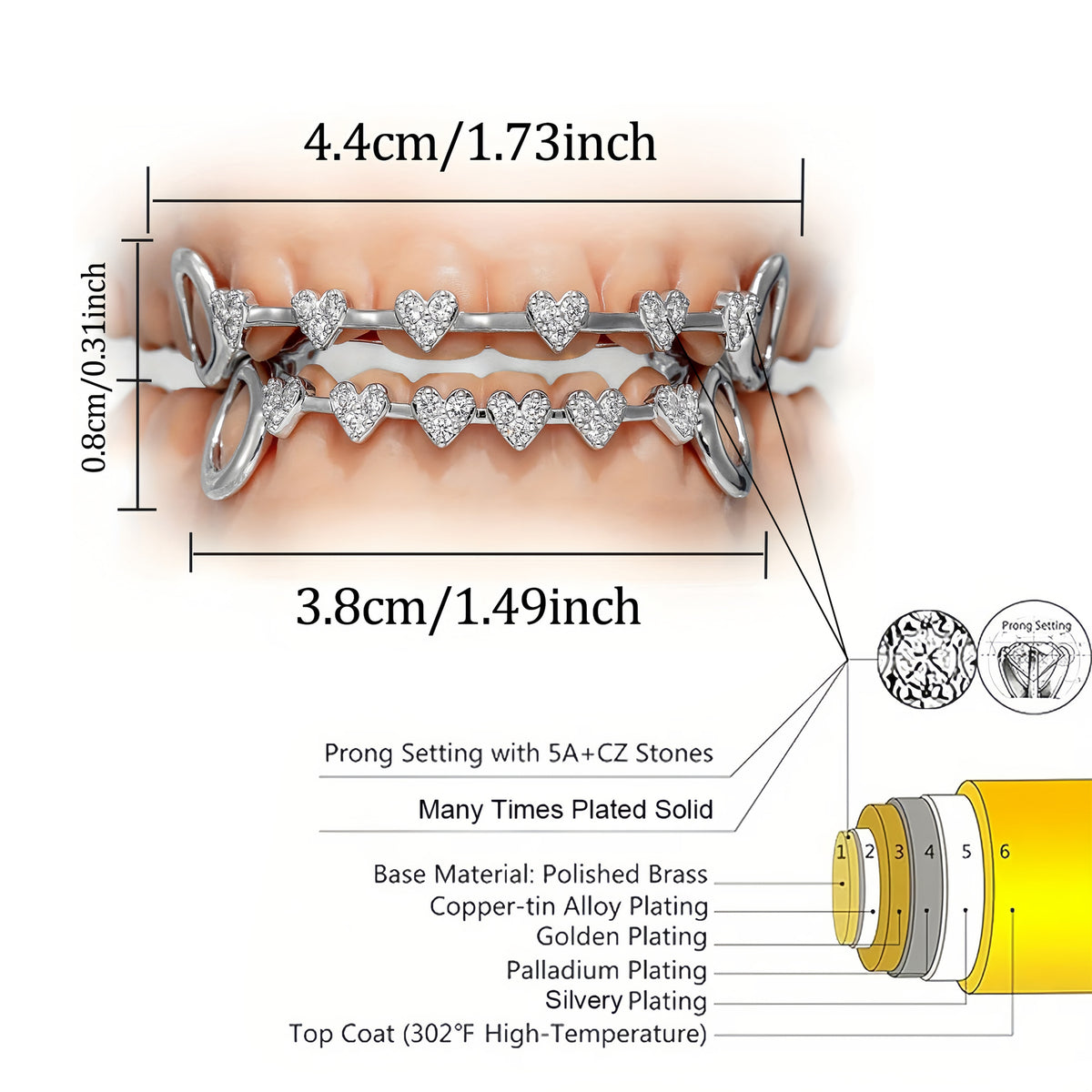 Grillz Hip-Hop Rock Hip-Hop Braces Real Gold Plated 8-tooth Micro-inlaid Love Full Diamond Cross-border HIPHOP Braces Halloween Hip-Hop Ornaments