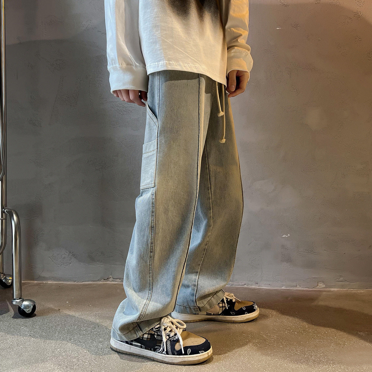 Men Jeans Washed Jeans Men Spring Baggy Straight Trousers
