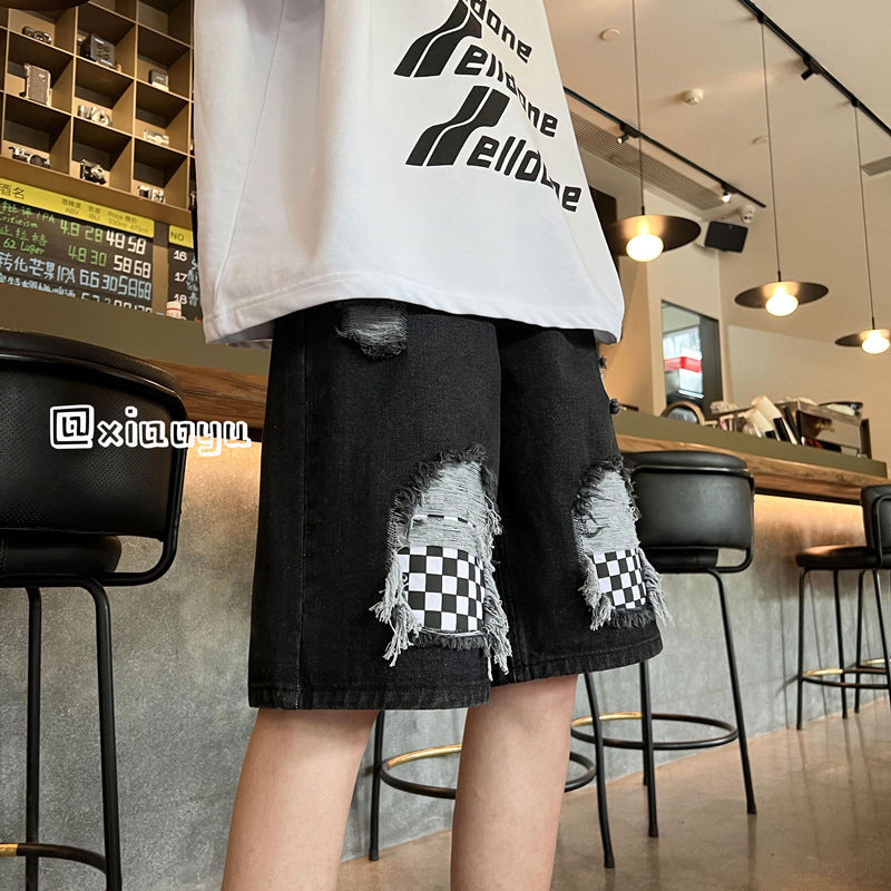 Men Jeans Ripped Checkerboard Plaid Denim Shorts